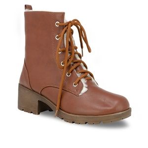 Chase + Chloe Shoes - Women's Lace Up Stacked Heel Cognac Combat Boot Chase + Chloe Shoes - Women's Lace Up Stacked Heel Cognac Combat Boot